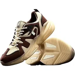 Stylish Athletic Sneakers, Brown and White Color, Chunky Platform Sole, Casual Sports Running Shoes, Comfortable Lace-up Design 6 Months Sole Warranty