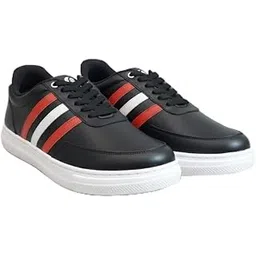 Stylish Black Sneakers with Red and White Stripes, Classic Athletic Design, Lace-up Casual Sports Shoes, Comfortable Platform Sole