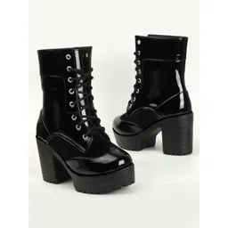 Stylish Bold and Breezy Black Patent Ankle Length Heeled Boots for Women & Girls Boots For Women