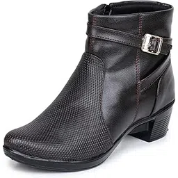 Stylish Boots for Woman | Synthetic Leather Trendy Winter Shoes with Buckle Strap & Zipper | Lightweight & Comfortable Ladies Footwear