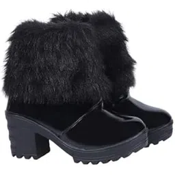 Stylish Furry Ankle Boots with Embellished Buckles, Chunky Heels