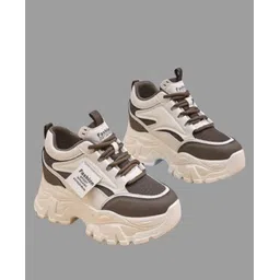 Stylish White-Brown Sneakers with Fashion Branding and Elevated Sole Party Wear For Women