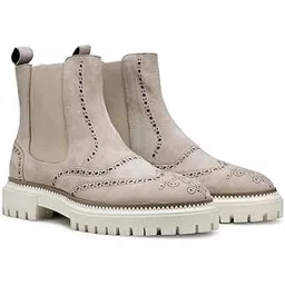 Suede Brogue Chelsea Boots for Men | Beige Wingtip Slip-On Ankle Boots with Elastic Gore & Chunky Lug Sole | Premium Casual Dress Boot for Smart & Semi-Formal Wear