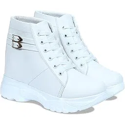 Synthetic leather buckle ornamented flatform high top ankle boots for women