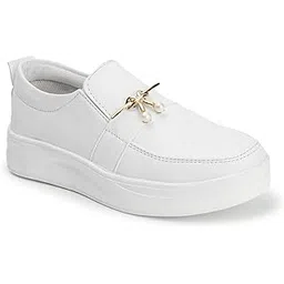 Synthetic Leather Women Slip-On Sneaker with Gold Lace Lock Buckle Girls Casual Shoes