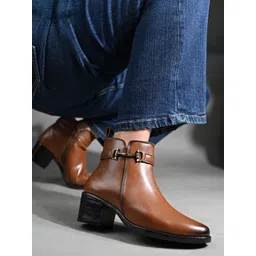 Tan Elegant Antique Buckle Mid-Top Ankle Chelsea Boots, Slip-On Boots Boots For Women