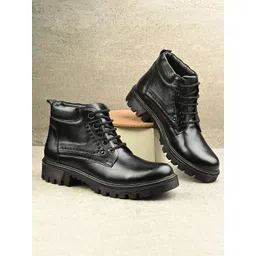 The Roadster Lifestyle Co Men Leather Round Toe Lace-Ups Chunky Boots