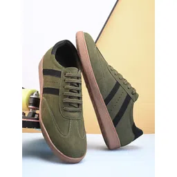 The Roadster Lifestyle Co. Men Olive Green Striped Lace Up Casual Sneakers
