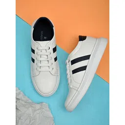The Roadster Lifestyle Co Men White Striped Leather Slip-On Sneakers