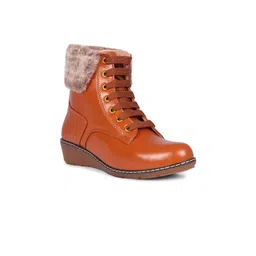 The Roadster Lifestyle Co. Women Tan Brown Mid Top Wedge Faux Fur Trim Regular Boots