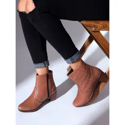 The Roadster Lifestyle Co. Women Tan Brown Textured Mid Top Block Heel Chunky Boots