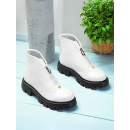 The Roadster Lifestyle Co. Women White Mid Top Platform Heel Chunky Boots With Zip