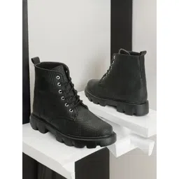 The Roadster Lifestyle Co.Women Black Mid Top Textured Platform Heel Chunky Boots