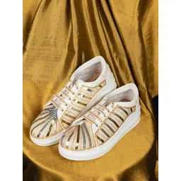 The Saree Sneakers Gold Strip Design Lace-Up Sneakers With Western - Embellished