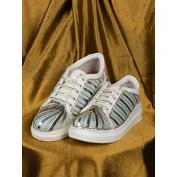 The Saree Sneakers Women Blue Gold Strip Design Sneakers