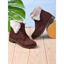 THE WHITE POLE Women Brown Solid Block Heeled Suede Short Boots
