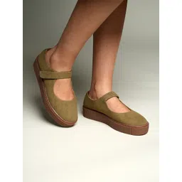 Theater Women Olive Green Suede Mary Jane Flats with Velcro Strap