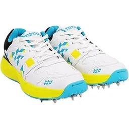 Total Terminator Metal Spike Cricket Shoes for Men & Boys | Replaceable Studs | Breathable & Lightweight | All-Rounder Sports Footwear for Turf & Hard Ground Matches Size 2 - White/Yellow