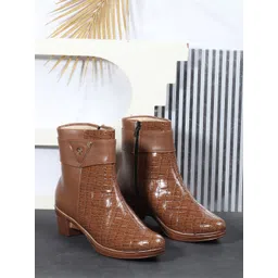 TRASE Brown Textured Block Heeled Boots with Buckles