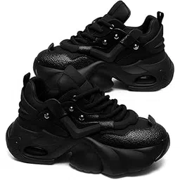 Trendy Black Chunky Platform Sneakers, Athletic Sports Shoes with Air Cushioned Sole, Textured Design