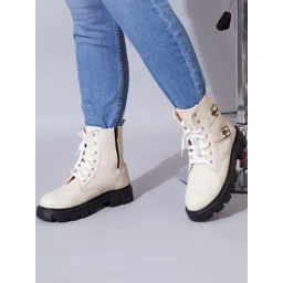 TRYME Beige & Cream & Black Solid Synthetic Leather Regular Boots