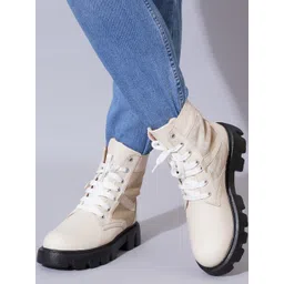 TRYME Cream & Black Colourblocked Synthetic Leather Regular Boots