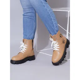 TRYME Tan & Black Solid Synthetic Leather Regular Boots