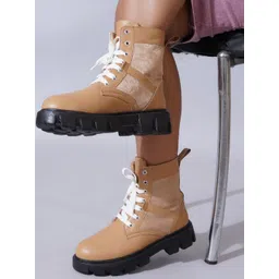 TRYME Tan & Black Solid Synthetic Leather Regular Boots