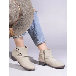 TRYME Women Textured Casual Block-Heeled Regular Boots with Buckle