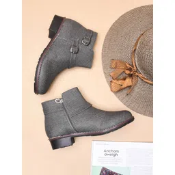 TRYME Women Textured Casual Block-Heeled Regular Boots with Buckle