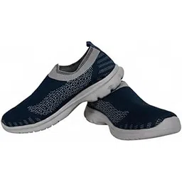 Unisex Slip-On Walking Shoes, Navy Blue and Grey Knit Fabric, Lightweight Comfort Sneakers with Breathable Design