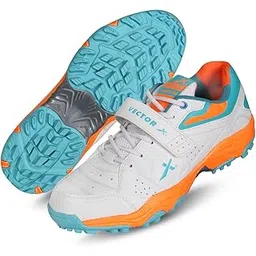 Vector X CKT- 200 Men’s PU Upper/TPU Sole/Rubber Cricket Shoes Water-Resistant Footwear for Outdoor and Field Sports Shoe with Midfoot Support Strap (White-Blue-Orange, Size-9)