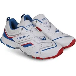 Vector X Striker Pro Cricket Shoe for Men with PU Upper/Sports Shoes/EVA Sockliner for Sports Midfoot Support Strap (Color: White-Blue-Red, Size : 9)