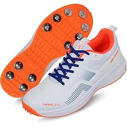 Vector X Swing 2.0 Metal Spike Cricket Shoes for Men & Boys Sports Shoes Lightweight Upper with TPU Fusing, EVA Midsole with Rubber Oustole, Practice/Professional (Whie-Orange) Size- 3