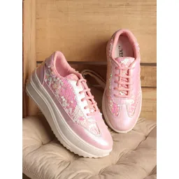 VENDOZ Women Lightweight Embellished Lace-Ups Sneaker