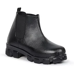 Walkwave Women's Chelsea Boots, Black, Chunky Sole, Elastic Side Panel, Ankle Length