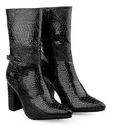 Women 3.5 Inch Block Heel Height Snakeskin Print Mid-Calf Boot And Casual High Ankle Boot