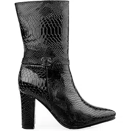 Women 9 Cm Block Heel Height Buckle Detail Snakeskin Boots And Casual Mid-Calf Dressy Boots
