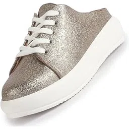 Women Back Open Glitter Mule Sneakers with Lace-Up Front | White Platform Sole Slip On Shoe | Memory Cushioned Insole