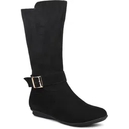 Women Black Knee High Boots With Buckle Detail Boots For Women