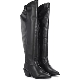 Women Black mid heel over knee high western boots 64662