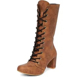 Women Black/Tan Block Heel Calf Length Boots for Outdoor