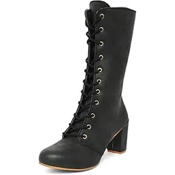 Women Black/Tan Block Heel Calf Length Boots for Outdoor