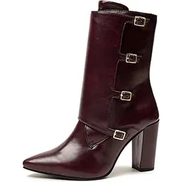 Women Burgundy Chunky Block Heel Boots | Pointed Toe | Buckle Strap Design | Formal & Causal Wear