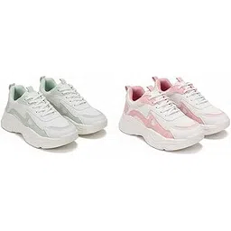 Women Chunky Sneakers – Platform Trainers with Cushioned Sole – Lace-Up Fashion Sneakers in Pink & Green – Lightweight Walking Shoes for Casual & Streetwear Outfits