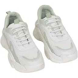 Women Chunky Sneakers – White & Mint Green Lace-Up Casual Shoes | Lightweight Fashion Sneakers for Walking, Running, Travel Stylish Sports Shoes for Girls