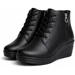 Women Comfort Wedge Ankle Boots | Premium Faux Leather | Side Zip & Lace-Up Design | Lightweight Anti-Skid Sole | Stylish Casual Winter Boots