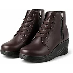 Women Comfort Wedge Ankle Boots | Premium Faux Leather | Side Zip & Lace-Up Design | Lightweight Anti-Skid Sole | Stylish Casual Winter Boots