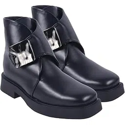 Women Fashion Ankle Boots with Oversized Metal Buckle – Modern Square Toe Designer Leather Boots for Casual & Formal Footwear