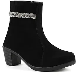 Women Faux Suede Ankle Boots with Bow & Stone Detail | Block Heel Side Zip Boots | Party & Casual Wear